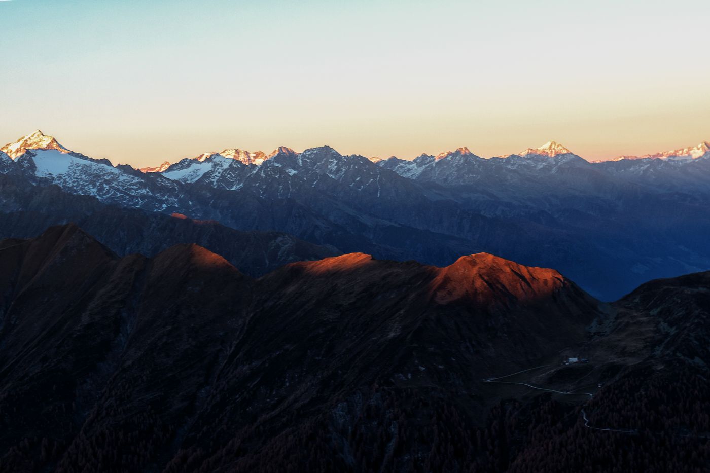 Aerial view of alpine peaks